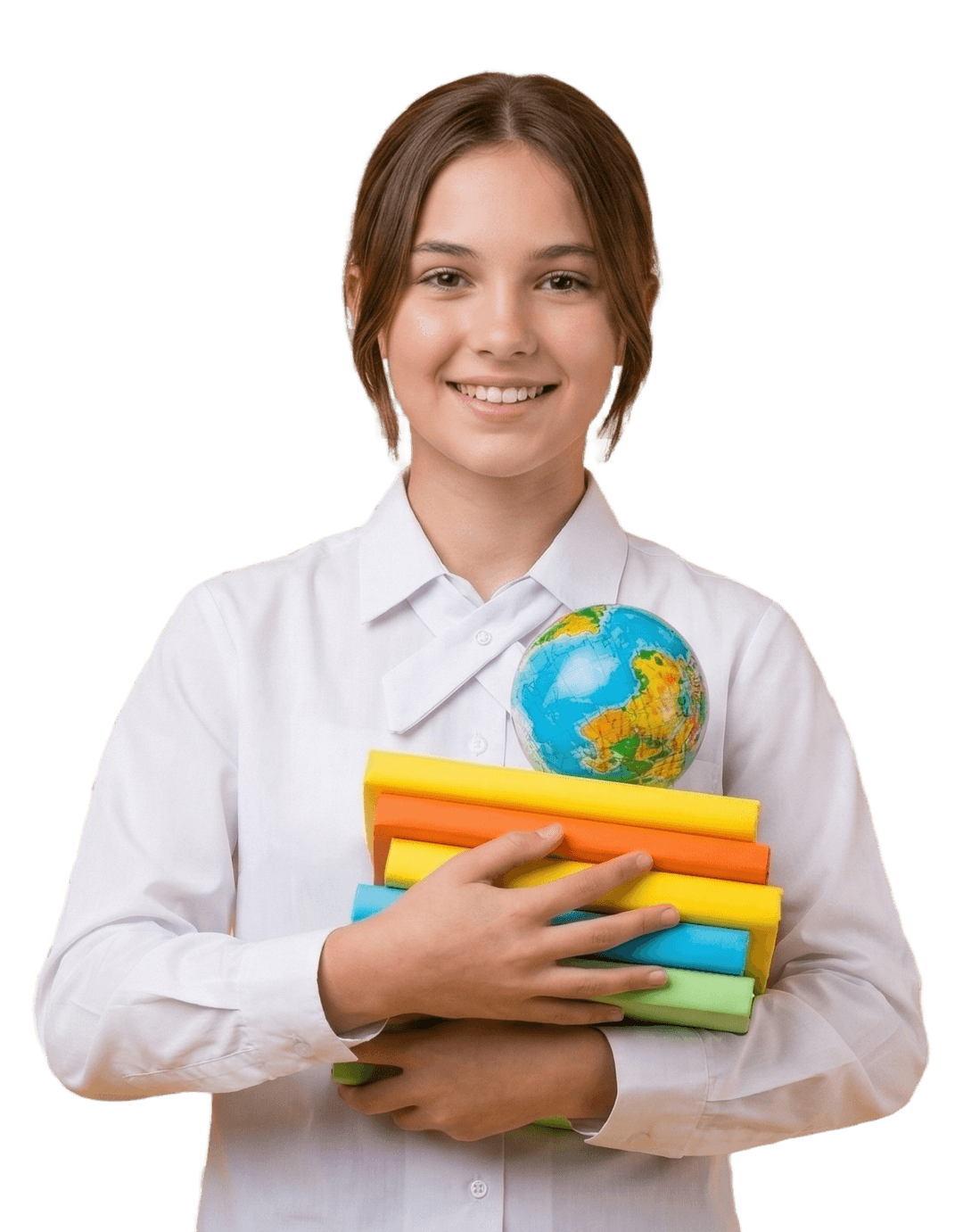 Student holding books and globe